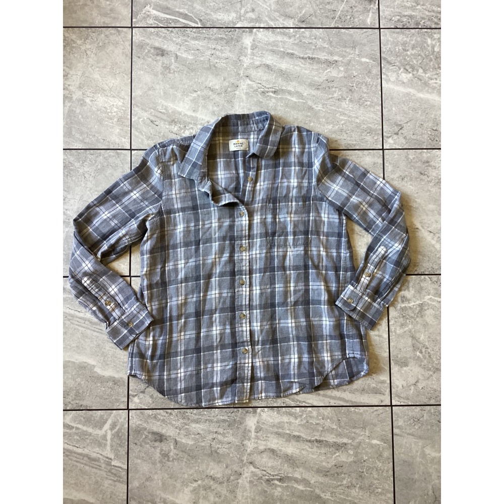 Marine Layer Grey White Plaid Flannel Button Down Split Back Shirt Womens Medium